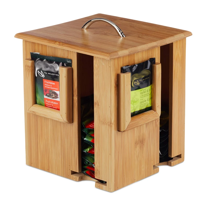 Relaxdays Tea Box, Rotatable Tea Container, Removable Lid, 4 Compartments for app. 160 Tea Bags, HWD 20.5 x 18 x 18 cm, Natural