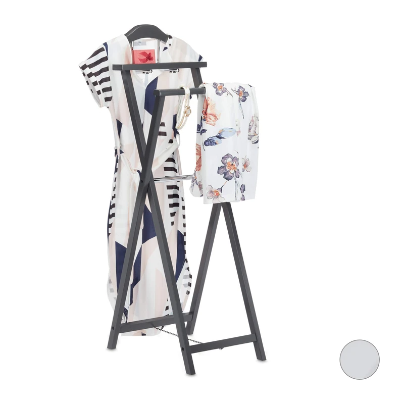 Relaxdays Folding Garment Rack, Clothes Valet Stand for Jackets and Pants, with Tray, MDF, Grey