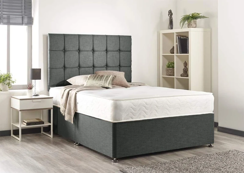 Bed Centre Grey Linen Memory Foam Divan Set - Double 135x190 UK Made