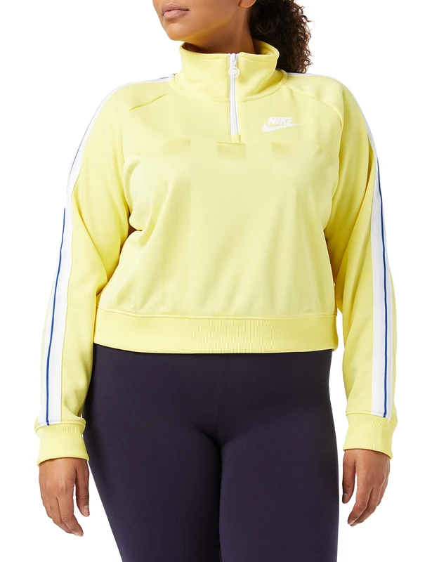Nike Womens' Nike Sportswear HZ SHDW STRP Long Sleeved T-Shirt, Yellow Pulse/Summit White, Large