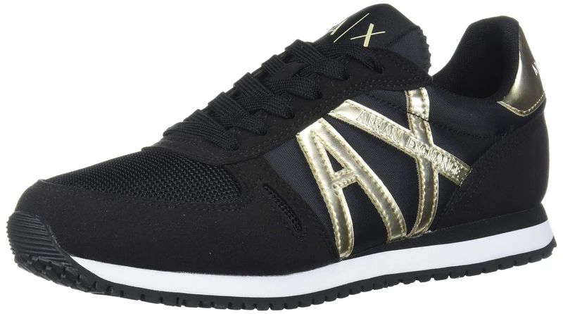 Armani Exchange Women's Retro Running Sneakers Indoor Court Shoe, Black and Gold, 7 UK