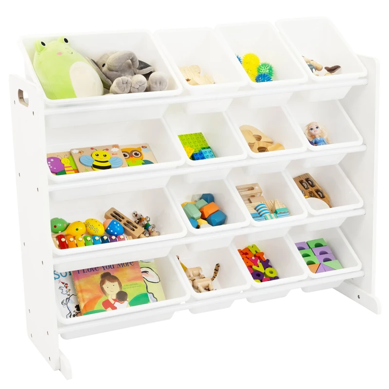 Humble Crew Cambridge Extra-Large Wooden Toy Storage Organiser for Children, with 16 BPA Free Plastic Removeable Storage Bins, Ideal for Storing Toys, Games, Books and Craft Supplies - White