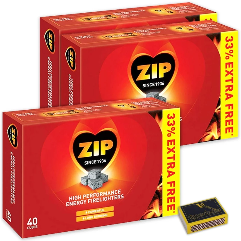 3 X Packs of 40 Zip High Performance Energy Block Firelighters. Long Burning, Powerful & Reliable for Open Fires, Stoves, BBQs & Tigerbox Safety Matches - Image 1