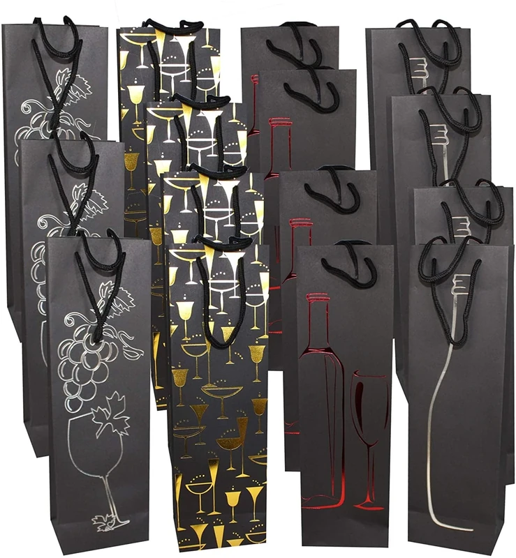 MATANA 15 Premium Wine Gift Bags - 4 Black Designs with Strong Rope Handles and Sturdy Paper - 39cm / 15" - Image 1
