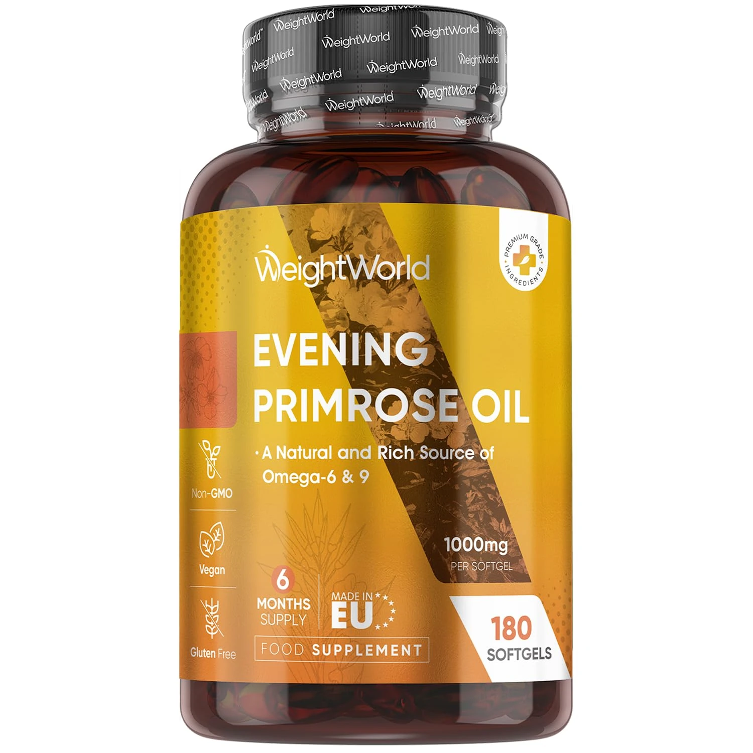 WeightWorld Evening Primrose Oil 1000mg - 180 Softgels - 6 Months Supply - 1 Softgel a Day - Natural and Rich Source of Omega-6 & 9 - Evening Primrose Oil Vegan Supplement - Lactose-Free & Gluten-Free