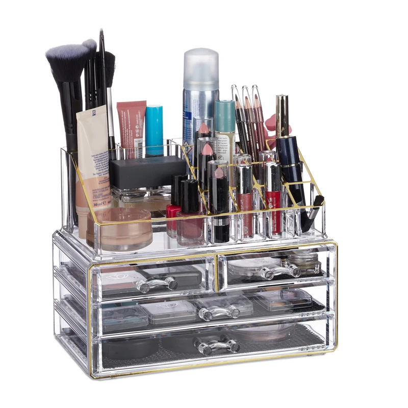 Relaxdays Makeup Organizer with 4 Drawers, Cosmetics Holder for Nail Polish and Lipstick, Makeup Kit, Golden Stripes
