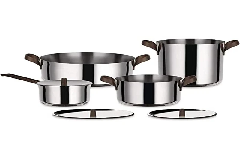 Alessi Edo Pu100S7 - Design Cookware Set in 18/10 Stainless Steel, Handles in 18/10 Stainless Steel with Pvd Coating, Brown, 7 Pieces