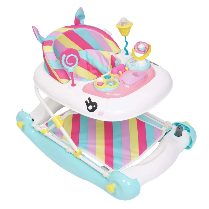 MyChild Unicorn 2-in-1 Walker Rocker, Pink Rainbow - Activity Center Baby Walker - Easy fold Frame for Storage - 6 Months + Anti Fall Blocks for Extra Safety and 3 Height Adjustment.