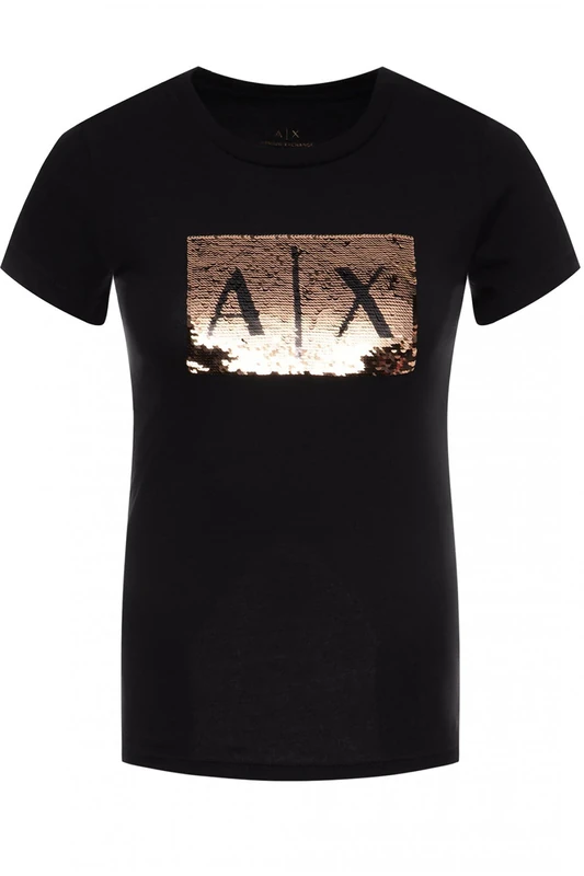Armani Exchange Women's Basic T-Shirt with Logo On Bust, Black with Gold, M