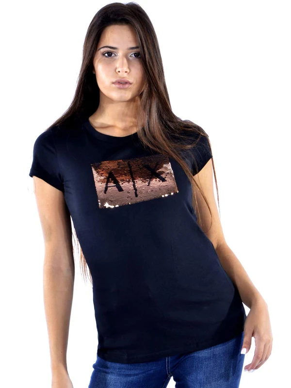 Armani Exchange Women's Basic T-Shirt with Logo On Bust, Black, L