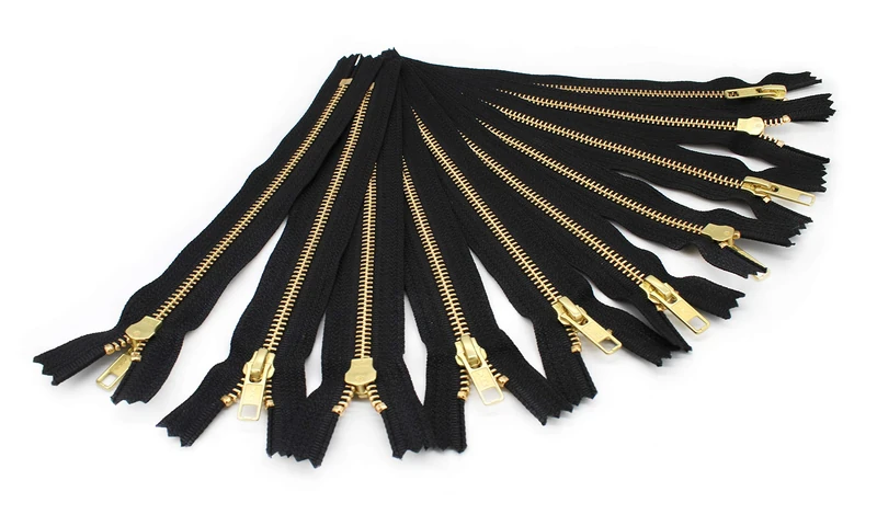 YKK Golden Brass Zippers No. 5 Metal 10 inch Zips in Black Pack of 12