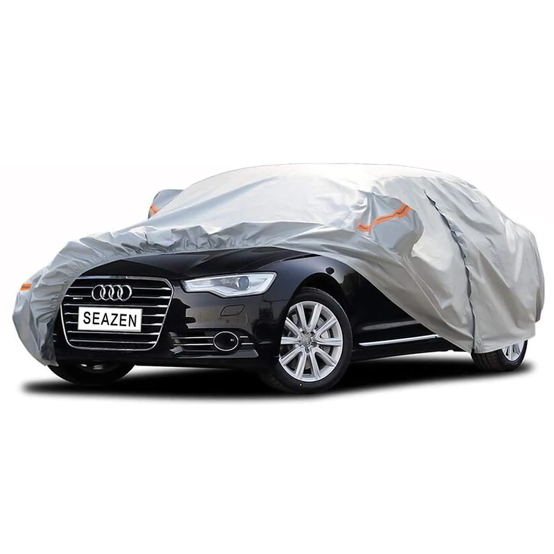 SEAZEN 6 Layers Car Cover Waterproof All Weather, Outdoor Car Covers for Automobiles with Zipper Door, Hail UV Snow Wind Protection, Universal Full Car Cover for Sedan (185" To 200")