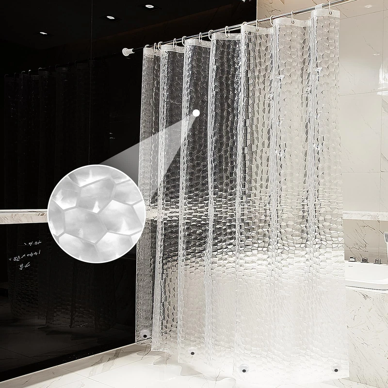OTraki Shower Curtain Semi Transparent 180 x 200 cm Anti-Mould Washable EVA Bath Curtain Waterproof 3D Bathroom Curtain with 12 Rings No PVC