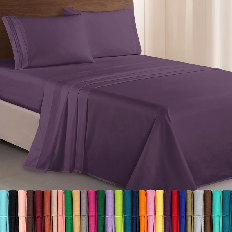 Elegant Comfort Luxurious 1500 Premium Hotel Quality Microfiber Three Line Embroidered Softest 4-Piece Bed Sheet Set, Wrinkle and Fade Resistant, Queen, Eggplant-Purple