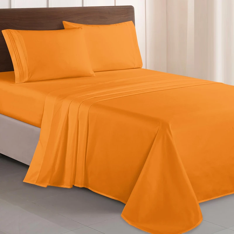 Elegant Comfort Luxurious 1500 Premium Hotel Quality Microfiber Three Line Embroidered Softest 4-Piece Bed Sheet Set, Wrinkle and Fade Resistant, King, Orange