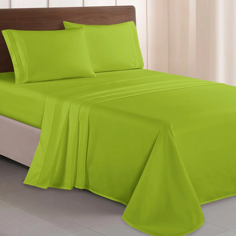 Elegant Comfort Luxurious 1500 Premium Hotel Quality Microfiber Three Line Embroidered Softest 4-Piece Bed Sheet Set, Wrinkle and Fade Resistant, King, Lime