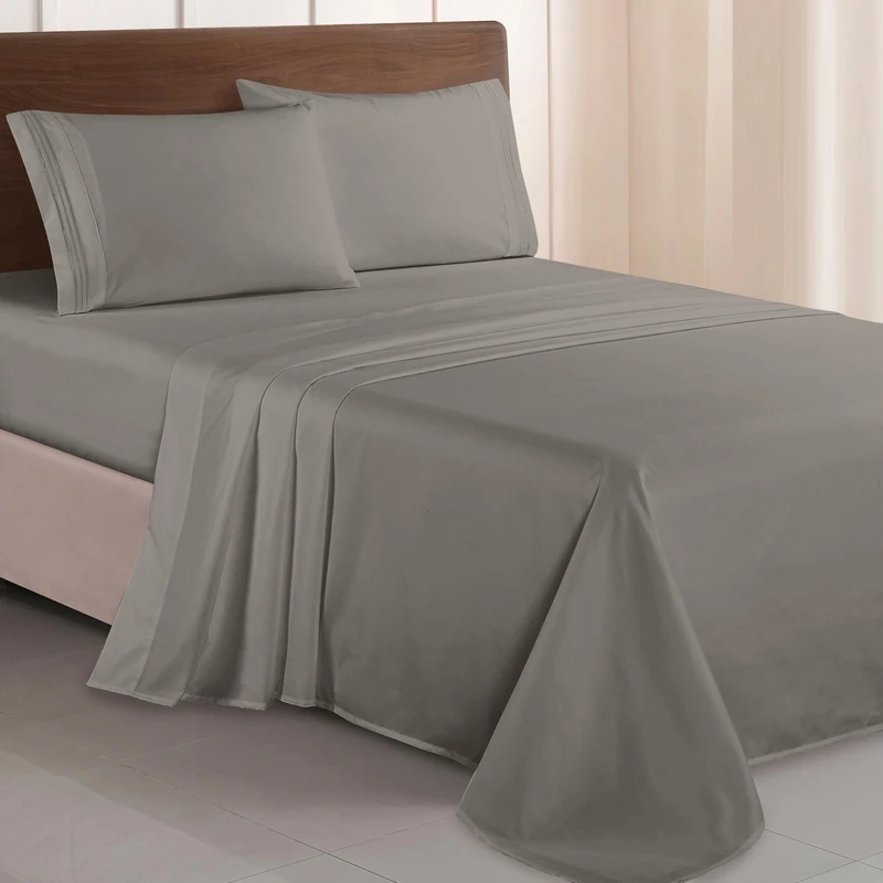 Elegant Comfort Luxurious 1500 Premium Hotel Quality Microfiber Three Line Embroidered Softest 4-Piece Bed Sheet Set, Wrinkle and Fade Resistant, Full, Gray