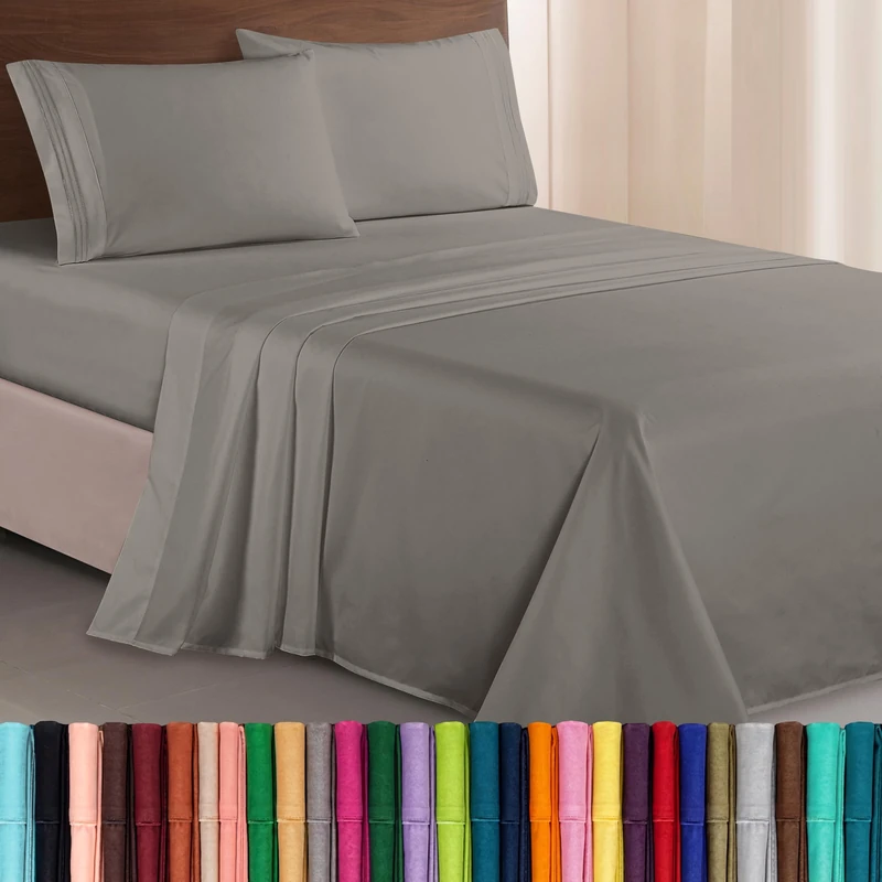 Elegant Comfort Luxurious 1500 Premium Hotel Quality Microfiber Three Line Embroidered Softest 4-Piece Bed Sheet Set, Wrinkle and Fade Resistant, Queen, Gray