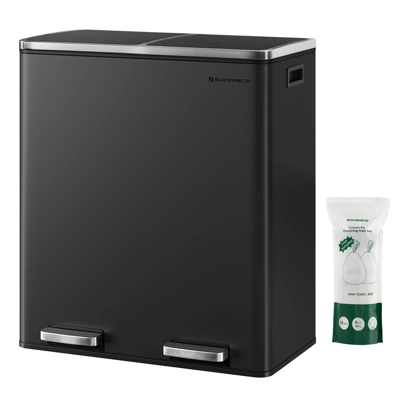 SONGMICS Dual Rubbish Bin, Metal Recycling Bin with 15 Rubbish Bags, 2-Compartment, with Lids, Pedals, Plastic Inner Buckets, Soft Closure, 2 x 8 Gallons (2 x 30 L), Black LTB60BK