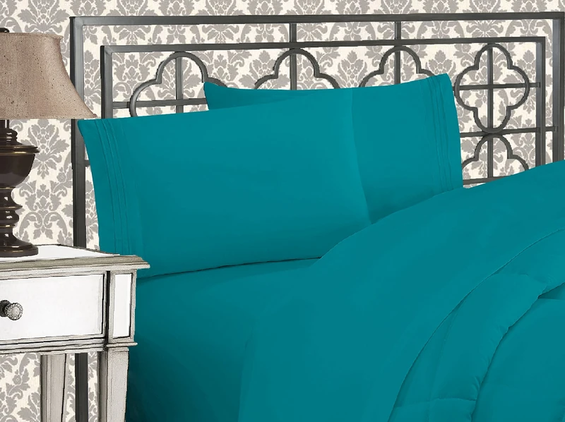 Elegant Comfort Luxurious 1500 Premium Hotel Quality Microfiber Three Line Embroidered Softest 4-Piece Bed Sheet Set, Wrinkle and Fade Resistant, King, Turquoise