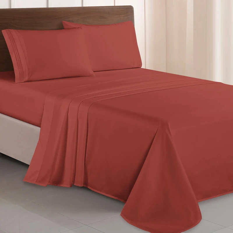 Elegant Comfort Luxurious 1500 Premium Hotel Quality Microfiber Three Line Embroidered Softest 4-Piece Bed Sheet Set, Wrinkle and Fade Resistant, King, Rust