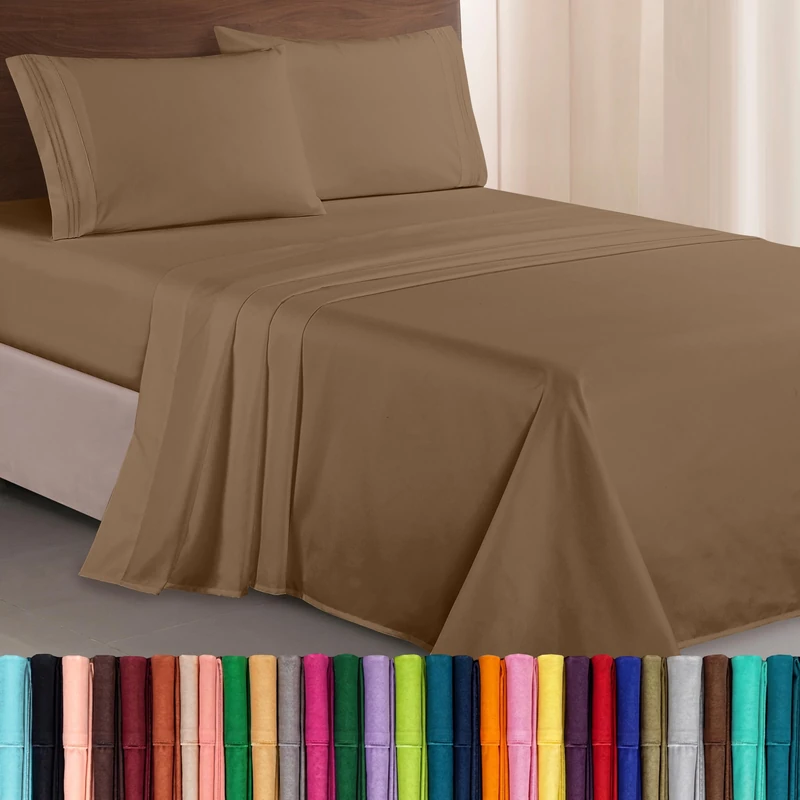 Elegant Comfort Luxurious 1500 Premium Hotel Quality Microfiber Three Line Embroidered Softest 4-Piece Bed Sheet Set, Wrinkle and Fade Resistant, Queen, Taupe
