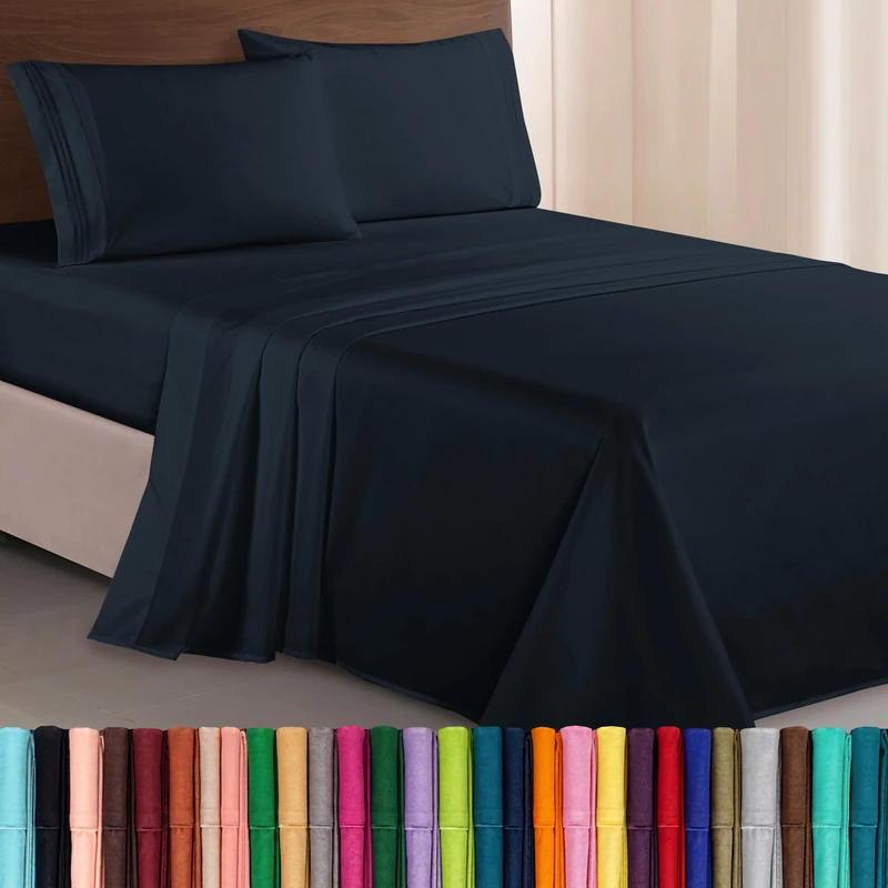Elegant Comfort Luxurious 1500 Premium Hotel Quality Microfiber Three Line Embroidered Softest 4-Piece Bed Sheet Set, Wrinkle and Fade Resistant, Queen, Black