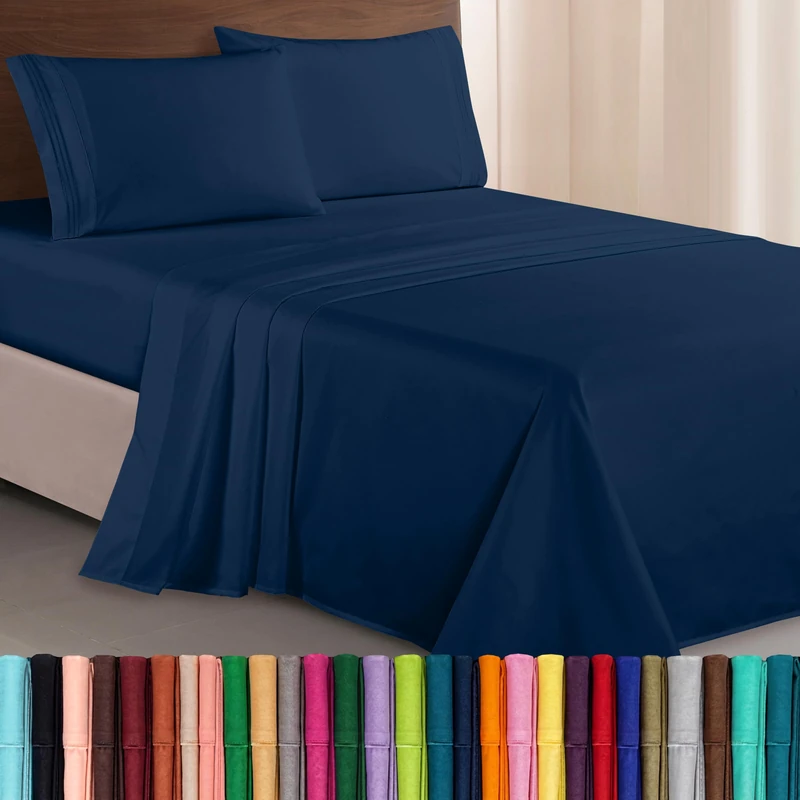 Elegant Comfort Luxurious 1500 Premium Hotel Quality Microfiber Three Line Embroidered Softest 4-Piece Bed Sheet Set, Wrinkle and Fade Resistant, Queen, Navy Blue