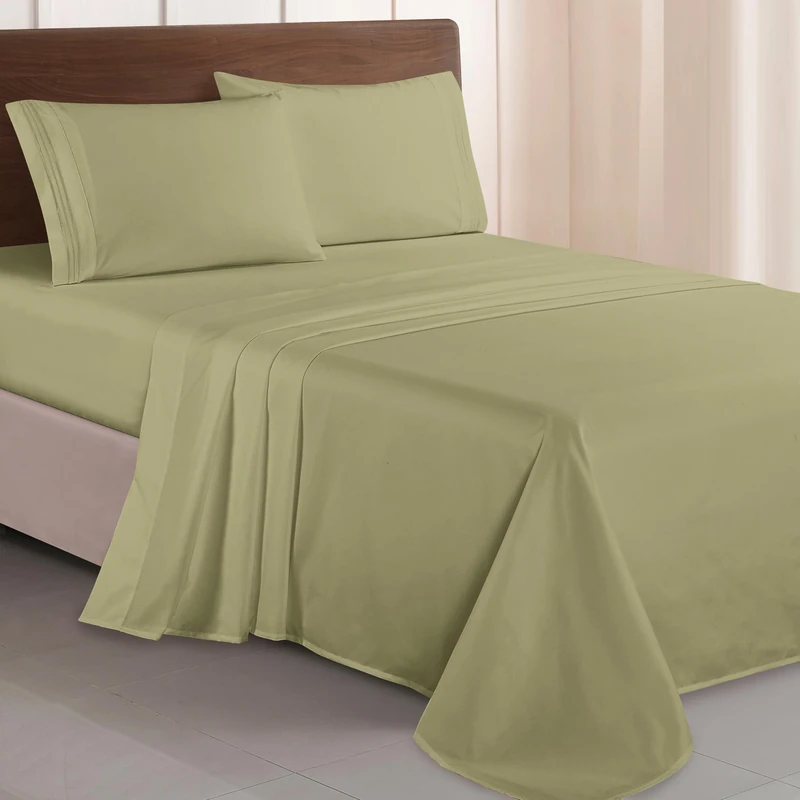 Elegant Comfort Luxurious 1500 Premium Hotel Quality Microfiber Three Line Embroidered Softest 4-Piece Bed Sheet Set, Wrinkle and Fade Resistant, Full, Sage-Green