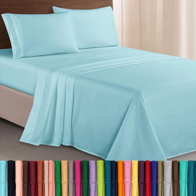 Elegant Comfort Luxurious 1500 Premium Hotel Quality Microfiber Three Line Embroidered Softest 4-Piece Bed Sheet Set, Wrinkle and Fade Resistant, King, Aqua Blue