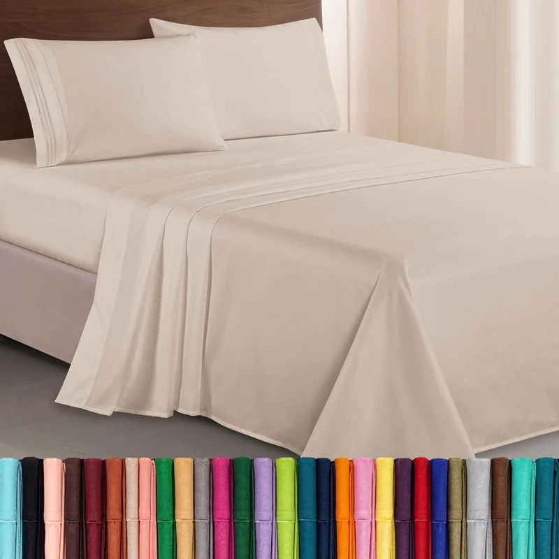 Elegant Comfort Luxurious 1500 Premium Hotel Quality Microfiber Three Line Embroidered Softest 4-Piece Bed Sheet Set, Wrinkle and Fade Resistant, Full, Cream