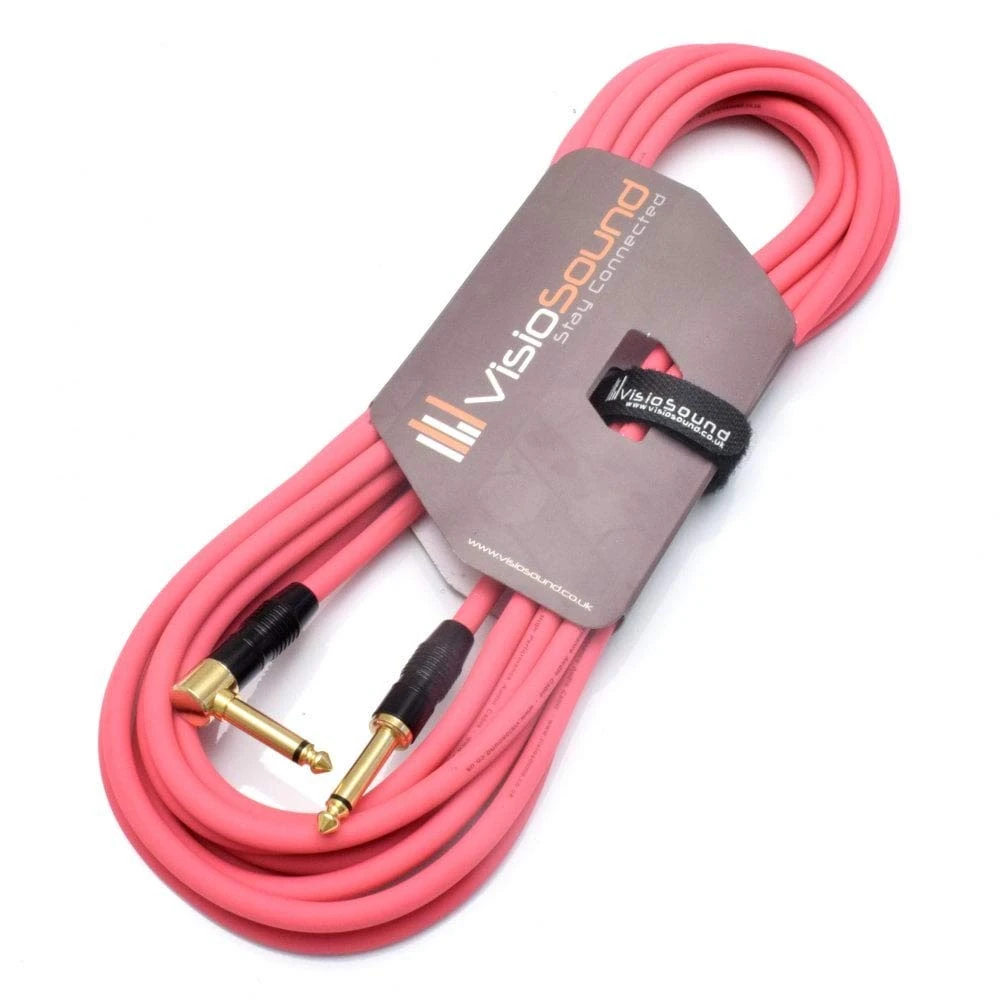 VisioSound Premium Guitar Bass Lead 6.35mm 1/4" Angled Jack/Pro Noiseless Instrument Cable (Pink, 6m)