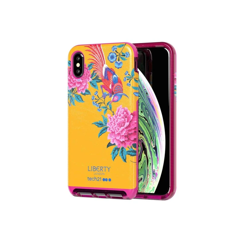Tech21 Protective Apple iPhone XS Max Case Slim Faux Leather Back Cover with FlexShock - Evo Luxe Elysian Liberty - Yellow/Pink