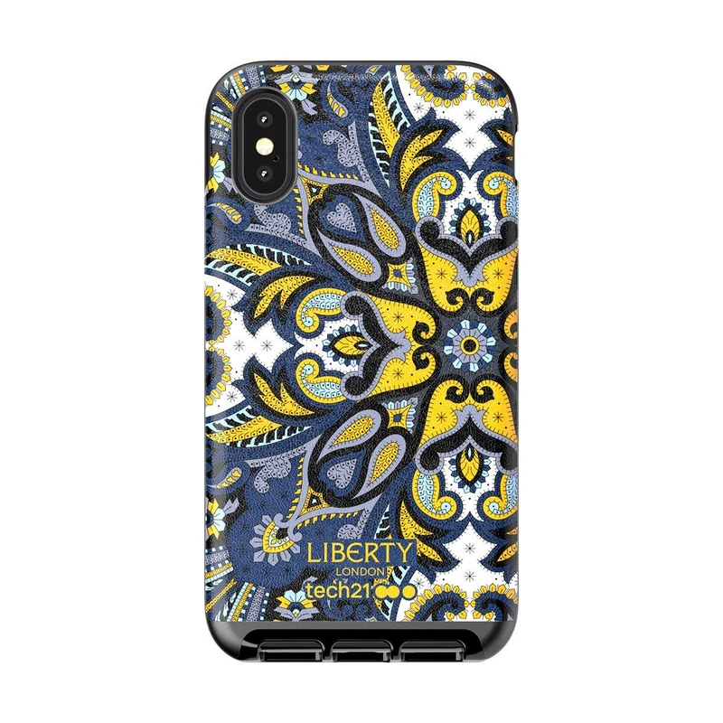 Tech21 Protective Apple iPhone X/XS Case Slim Faux Leather Back Cover with FlexShock - Evo Luxe Marham Liberty - Blue/Yellow