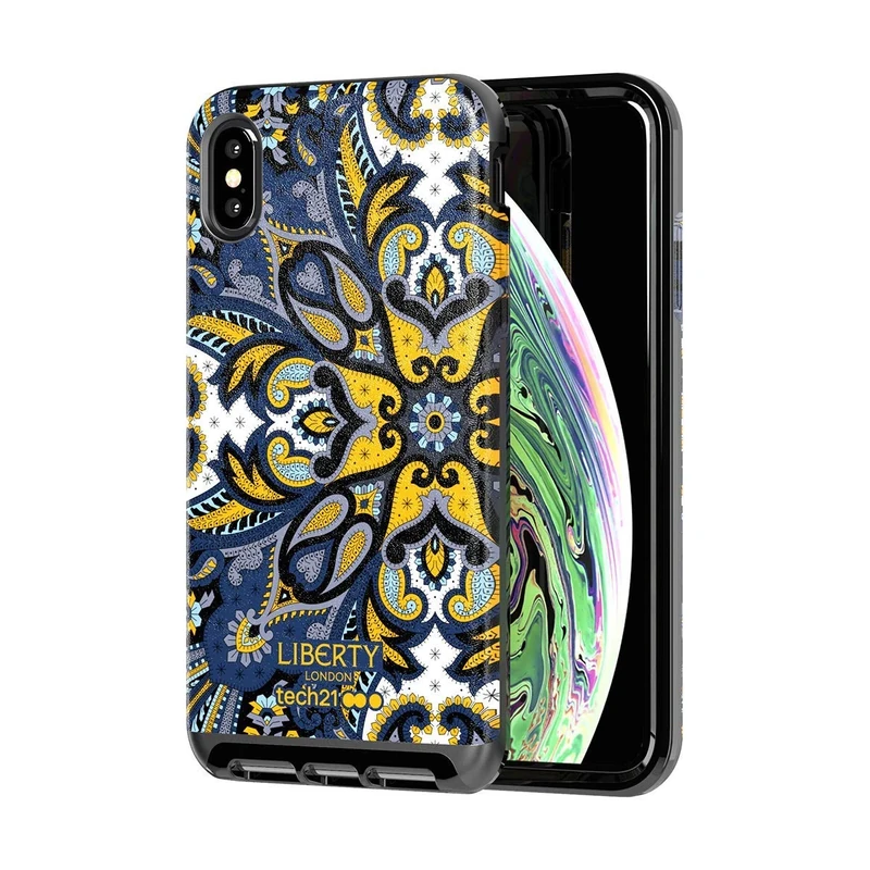 Tech Enterprises Protective Apple iPhone XS Max Case Slim Faux Leather Back Cover with FlexShock - Evo Luxe Marham Liberty - Blue/Yellow