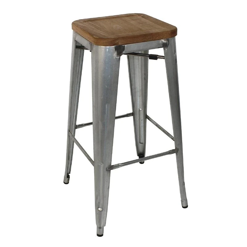 Bolero Bistro High Stools with Wooden Seat Pad Galvanised Steel (4 pack) - Kitchen, Bar, Breakfast Stool GM638