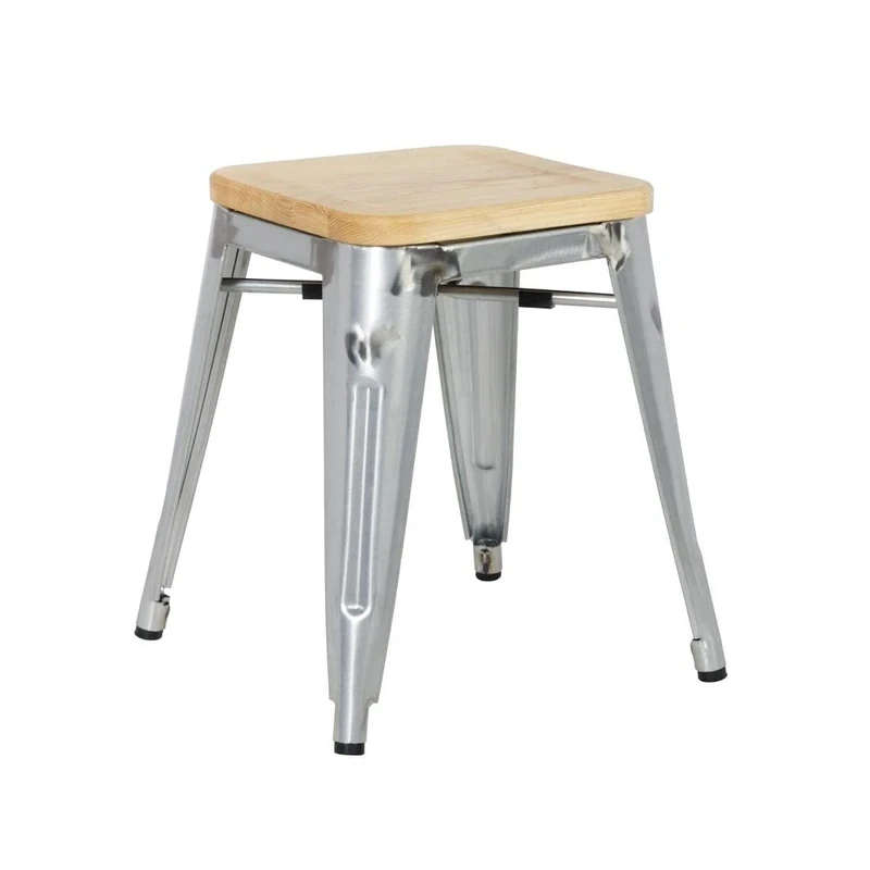 Bolero Steel Bistro Low Stool with Wooden Seatpad Galvanised (Pack 4)