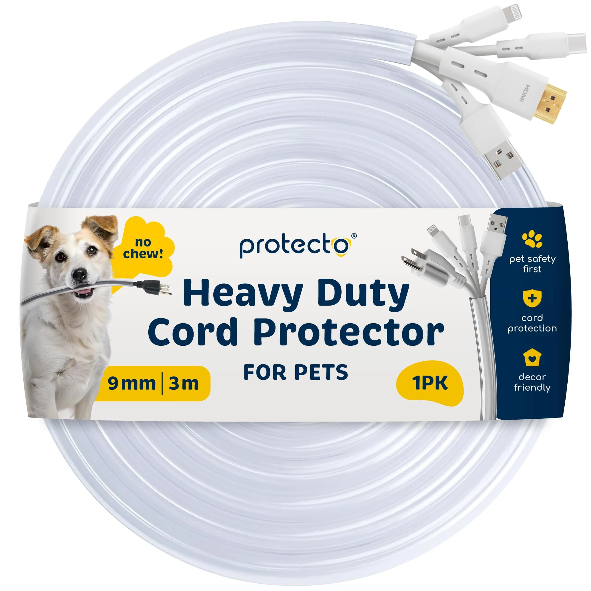 PROTECTO Wire Protector from Pets, Clear Cable Sleeve Animal Proof, 3m Odor-Free Cat & Dog Chew Resistant Floor Cable Cover, Plastic Cord Organiser for Power, Lightning, RCA & HDMI Cables