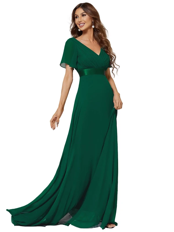 Ever-Pretty Women's Double V Neck with Short Sleeve A Line Empire Chiffon Long Bridesmaid Dresses Dark Green 26UK