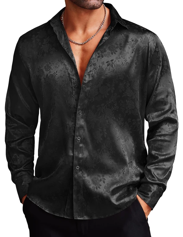 Coofandy Mens Floral Rose Printed Long Sleeve Dress Shirts Prom Wedding Party Button Down Shirts - Black - Large