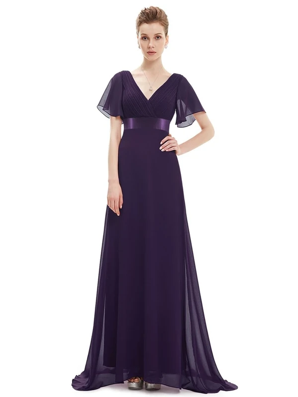 Ever-Pretty Women's Double V Neck with Short Sleeve A Line Empire Chiffon Long Bridesmaid Dresses Dark Purple 22UK
