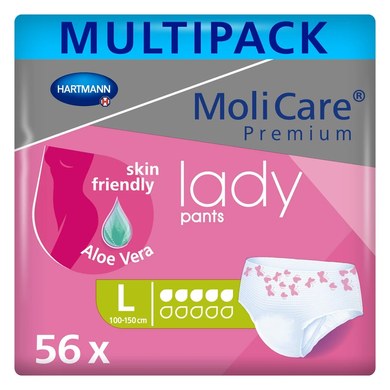 MoliCare Premium Lady Pants, 5 Drops, Soft and Discreet Bladder Weakness Pants for Women, with Aloe Vera Treated Topsheet, Size L, 47-59 inches, 8 Packs of 7 Pairs (56 Items)