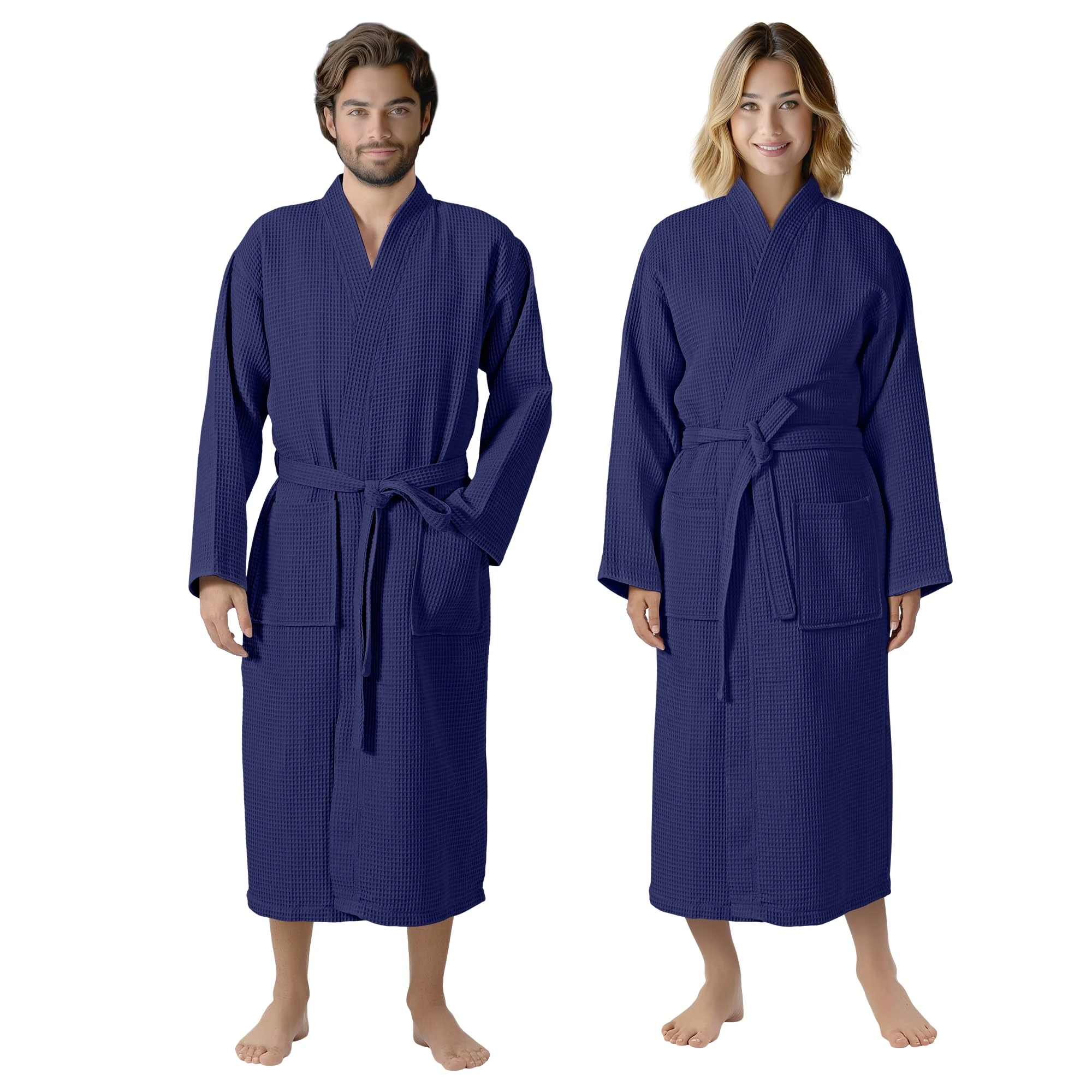 HOMELEVEL Waffle Cotton Dressing Gown Men and Women - Womens Mens Dressing Gowns Lightweight Bathrobe - Towelling Spa Robe Bathrobes - Towel Bath Robes for Ladies - Navy - 5XL