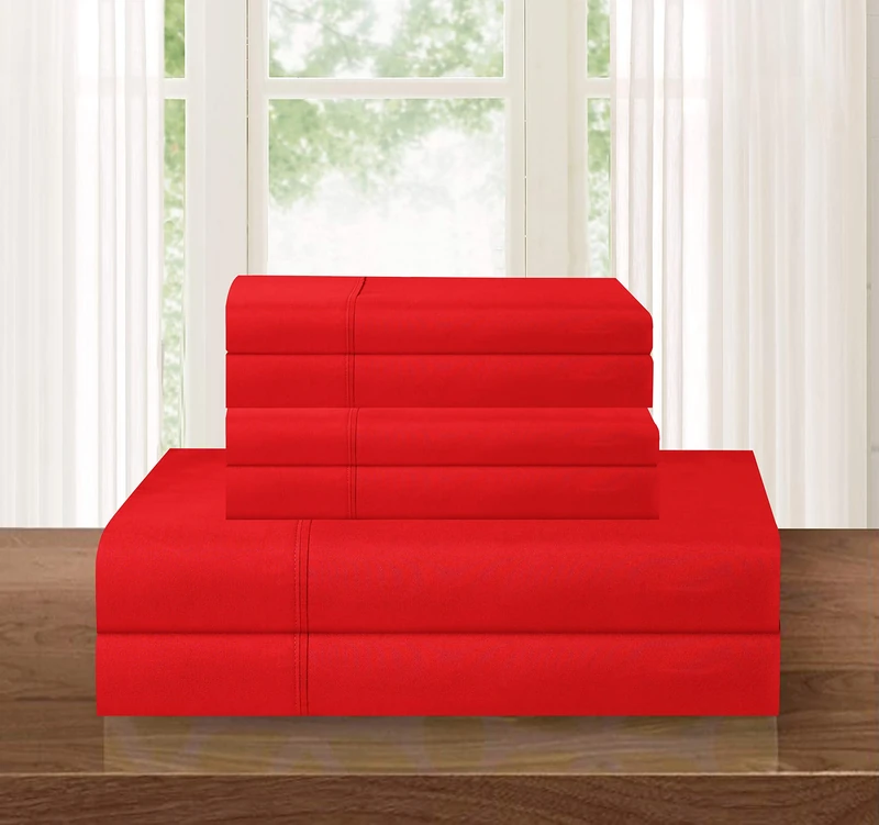 Elegant Comfort Luxury Soft 1500 Premium Hotel Quality Microfiber Wrinkle and Fade Resistant Cozy 6-Piece Bedding Set, Easy All Around Elastic Fitted Sheet, Deep Pocket, Queen, Red