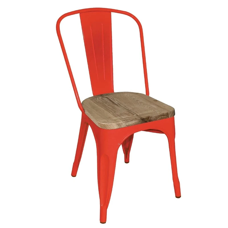 Bolero Bistro Side Chairs with Wooden Ash Seat Pad and Red Frame, Pack of 4, Rust-Resistant Galvanised Steel, Stackable, Anti-Slip Feet, Seat Height: 445mm | GM643