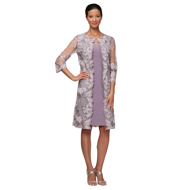 Alex Evenings Women's Midi Scoop Neck Shift With Jacket (Petite and Regular) Special Occasion Dress, Smokey Orchid, 20 UK