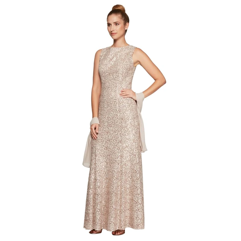 Alex Evenings Women's Long Sleeveless Mother of The Bride Dress with Shawl (Petite and Regular Sizes) Special Occasion, Champagne/Ivory, 20