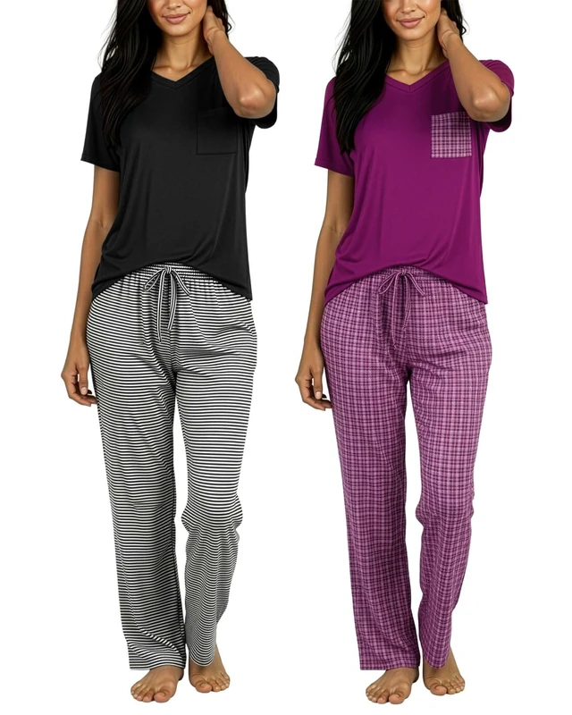 Real Essentials 2 Pack: Women's Pajama Set - Choose from Short Sleeve with Pocket or Long Sleeve without Pocket, Set E Black & Purple, XL