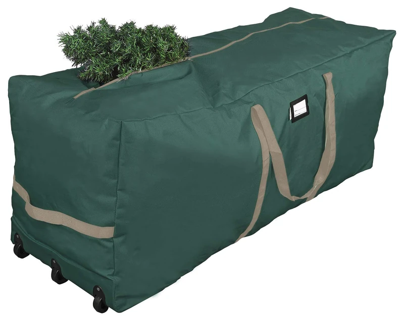 ProPik Xmas Rolling Tree Storage Bag, Fits Up to 9 ft. Tall Disassembled Holiday Tree, 25" X 20" X 60", Extra Large Heavy Duty Storage Container with Wheels, Front and Side Handles Attached (Green)