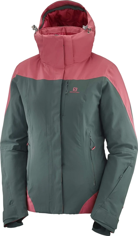 Salomon Women'S Ski Jacket with Hood, Icerocket JKT W, Synthetic Blend, Green/Pink (Green Gables/Garnet Rose), Size L, LC1215100